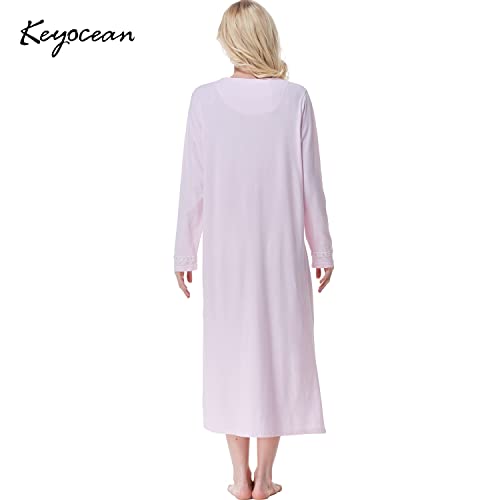 Keyocean Nightgown for Women, 100% Cotton Soft Comfy Long Sleeves Mid-Calf Length Lighweight Ladies Nightdress, Light Pink, Large (L) - Image 2
