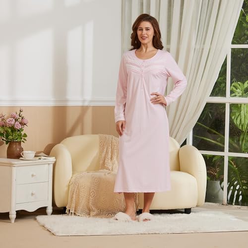 Keyocean Nightgown for Women, 100% Cotton Soft Comfy Long Sleeves Mid-Calf Length Lighweight Ladies Nightdress, Light Pink, Large (L) - Image 5