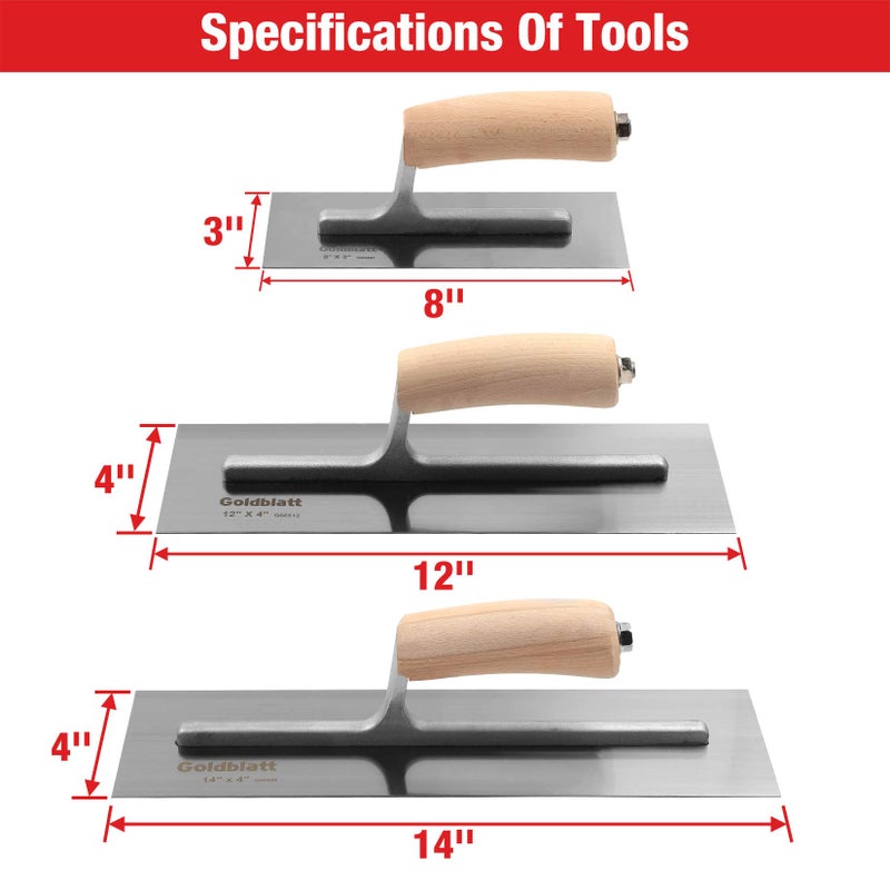 Goldblatt 3 Pieces Drywall Trowel, Carbon Steel Finishing Masonry Trowel Set Includes 14'' x 4'', 12'' x 4'', 8'' x 3'', Lightweight Wood Handle, Plastering Trowel for Sheetrock Wallboard Plasterboard - Image 2