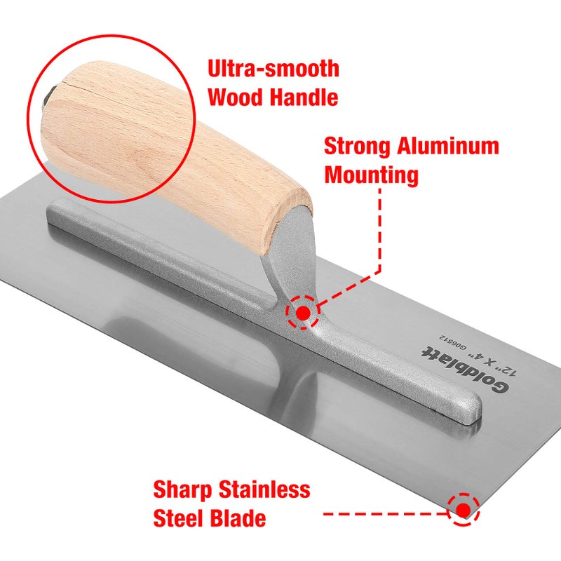 Goldblatt 3 Pieces Drywall Trowel, Carbon Steel Finishing Masonry Trowel Set Includes 14'' x 4'', 12'' x 4'', 8'' x 3'', Lightweight Wood Handle, Plastering Trowel for Sheetrock Wallboard Plasterboard - Image 5