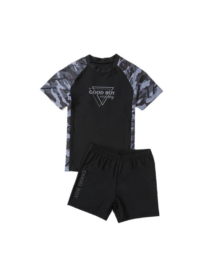 About 2025 Children's Swimsuit Boys Split Plus Size Swimsuit Chubby Children Summer Sun Protection Water Park Swimsuit-Color:YYDS115-3 Black With Cap-