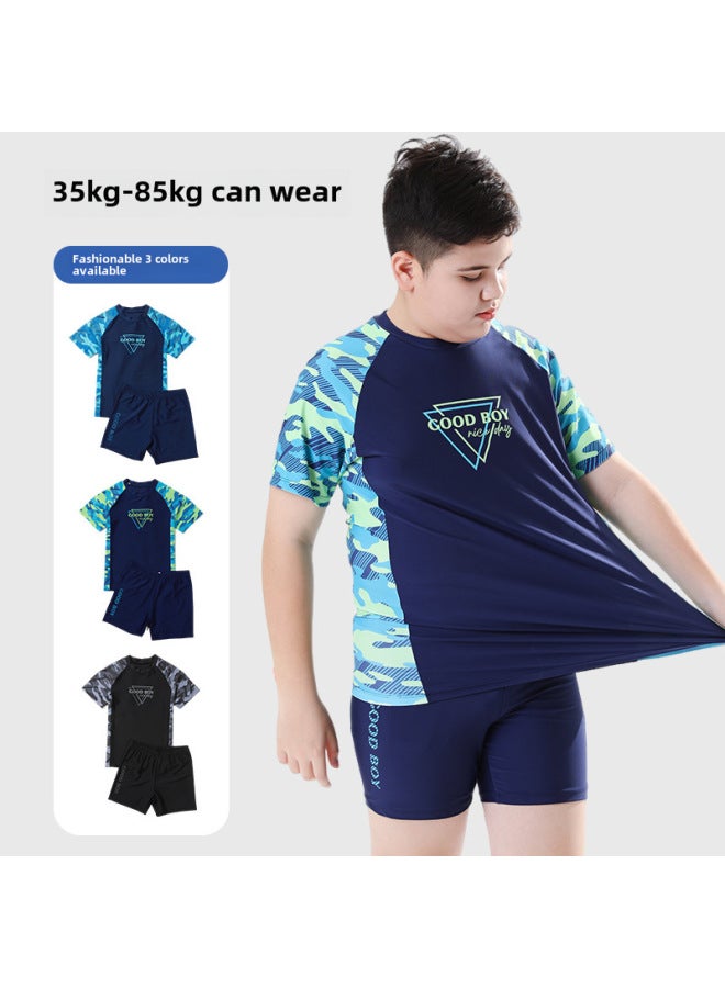 About 2025 Children's Swimsuit Boys Split Plus Size Swimsuit Chubby Children Summer Sun Protection Water Park Swimsuit-Color:YYDS115-3 Black With Cap-