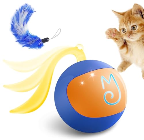 Migipaws 2in1 Interactive Cat Toy Ball Paw Friendly Kicking Chasing Ball with Bonus Fluffy Tail for Indoor Cats Random Rolling Auto Escape Corners TangleFree Quiet USB Rechargeable Blue - Image 1
