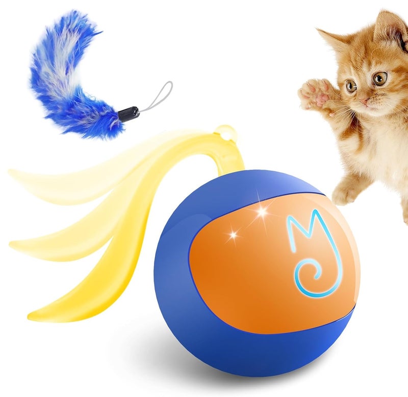 Migipaws 2in1 Interactive Cat Toy Ball Paw Friendly Kicking Chasing Ball with Bonus Fluffy Tail for Indoor Cats Random Rolling Auto Escape Corners TangleFree Quiet USB Rechargeable Blue - Image 2