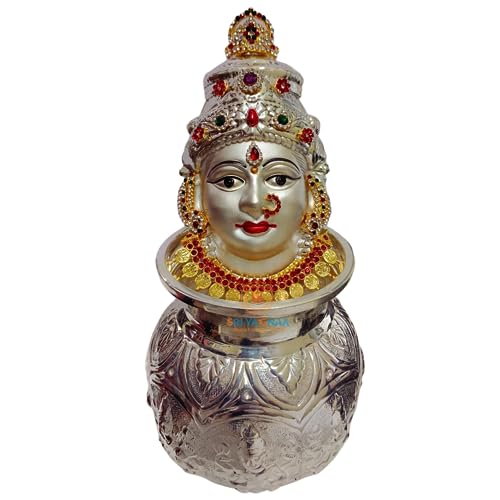 SRI YAGNAA سري ياجنا الفضة الألمانية أشتا لاكشمي كالسام مع وجه أمارا - وجه مطلي بالفضة - لاكشمي موخوتا (Kwdf-S، فانتازيا، 9 سم، 9 سم) - Image 1