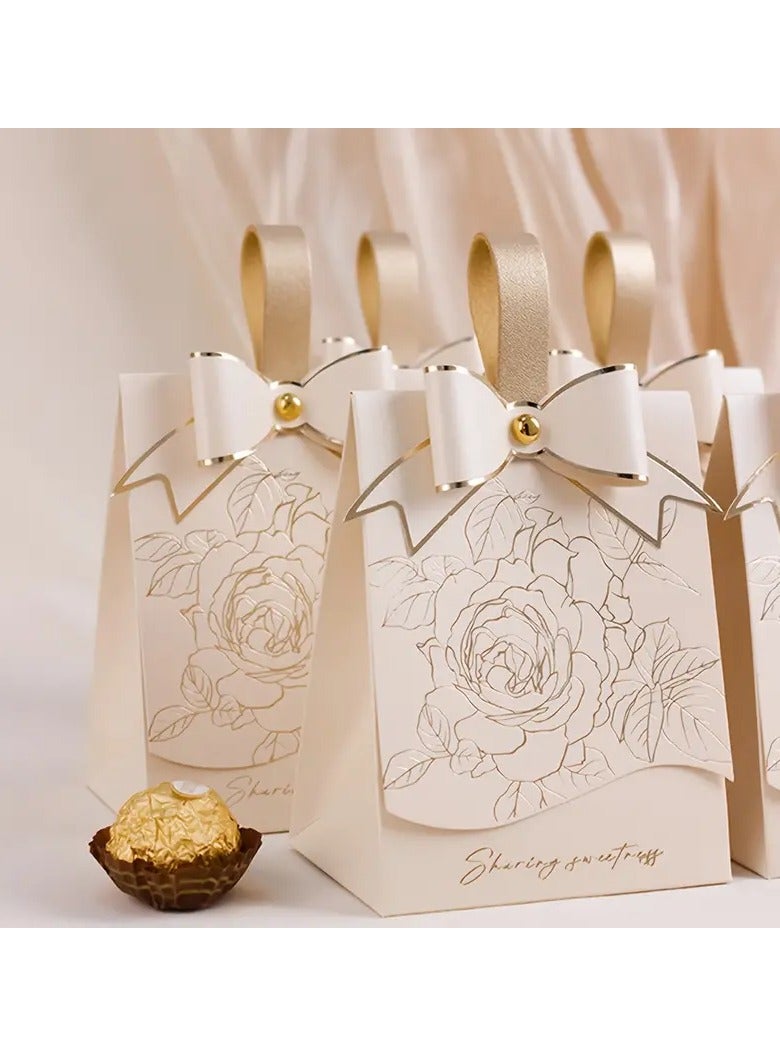 10 قطع صناديق هدايا فاخرة للشوكولاتة والحلويات – تصميم فرنسي قديم باللون الكريم مع نقوش زهور مطلية بالذهب، شريط شمبانيا ومقبض من الجلد، مثالية لحفلات الزفاف، الذكرى السنوية، أعياد الميلاد، حفلات المولود، عيد الأم والهدايا الاحتفالية - Image 5