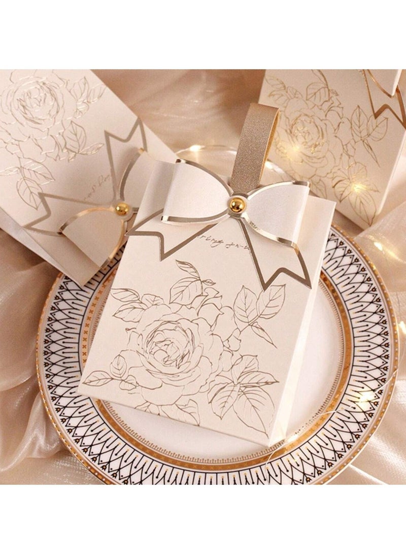 10 قطع صناديق هدايا فاخرة للشوكولاتة والحلويات – تصميم فرنسي قديم باللون الكريم مع نقوش زهور مطلية بالذهب، شريط شمبانيا ومقبض من الجلد، مثالية لحفلات الزفاف، الذكرى السنوية، أعياد الميلاد، حفلات المولود، عيد الأم والهدايا الاحتفالية - Image 2