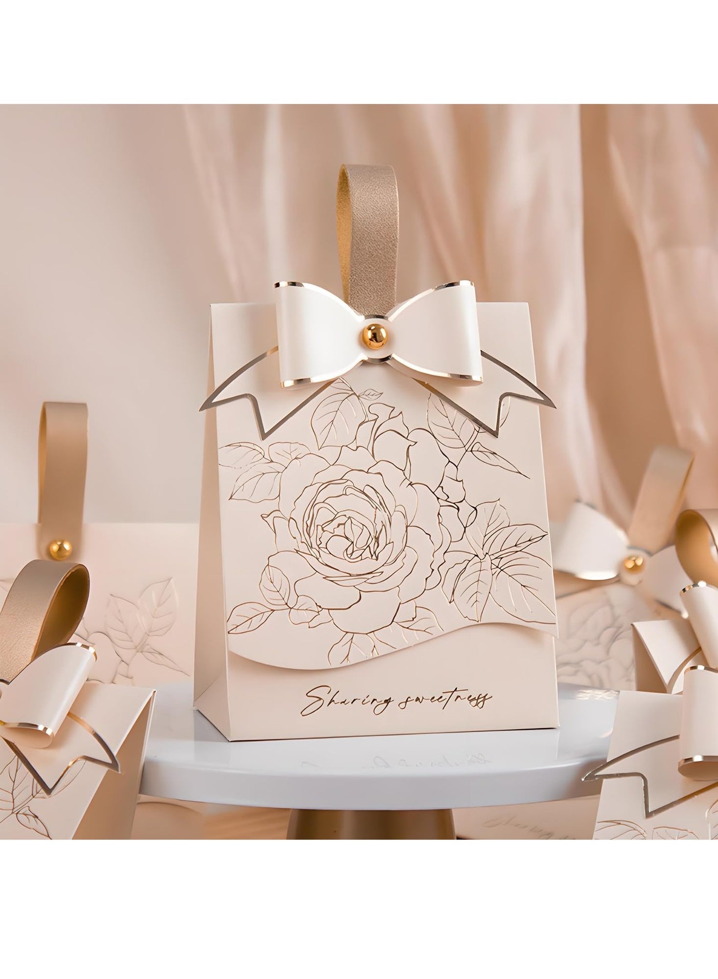 10pcs Luxury Chocolate & Candy Gift Boxes – Vintage French Style Cream White with Gold Foil Floral Embossed Design, Champagne Bow & Leather Handle, Perfect for Weddings, Anniversaries, Birthdays, Baby Showers, Mother’s Day & Party Favors