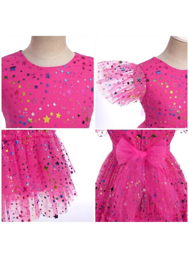 IMEKIS 9th 10th Birthday Girl Outfit: Ninth Tenth Birthday Dress for Girls Cake Smash Toddler Boho Rainbow Princess Dress Party Pageant Gown Kids Mini Tutu Skirt Photoshoot Confetti Hot Pink Stars 9-10 Years - Image 2