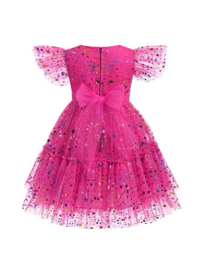IMEKIS 9th 10th Birthday Girl Outfit: Ninth Tenth Birthday Dress for Girls Cake Smash Toddler Boho Rainbow Princess Dress Party Pageant Gown Kids Mini Tutu Skirt Photoshoot Confetti Hot Pink Stars 9-10 Years - Image 4