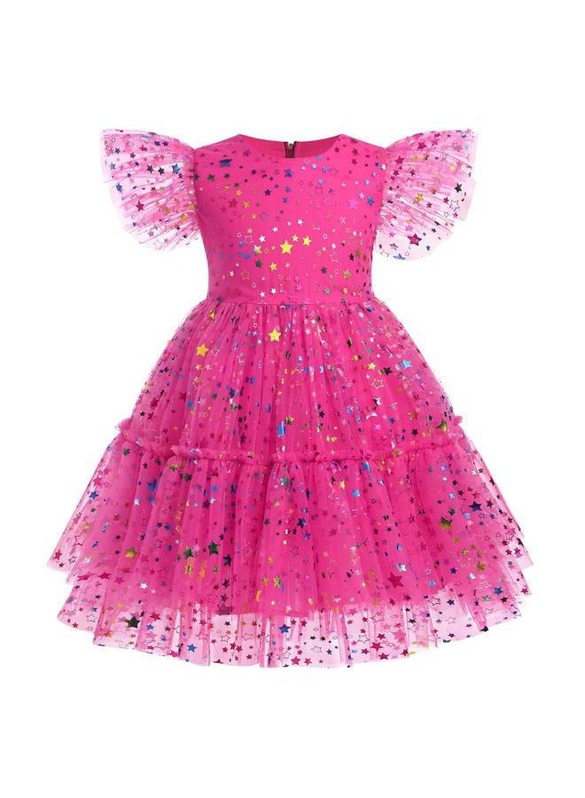 IMEKIS 9th 10th Birthday Girl Outfit: Ninth Tenth Birthday Dress for Girls Cake Smash Toddler Boho Rainbow Princess Dress Party Pageant Gown Kids Mini Tutu Skirt Photoshoot Confetti Hot Pink Stars 9-10 Years - Image 3