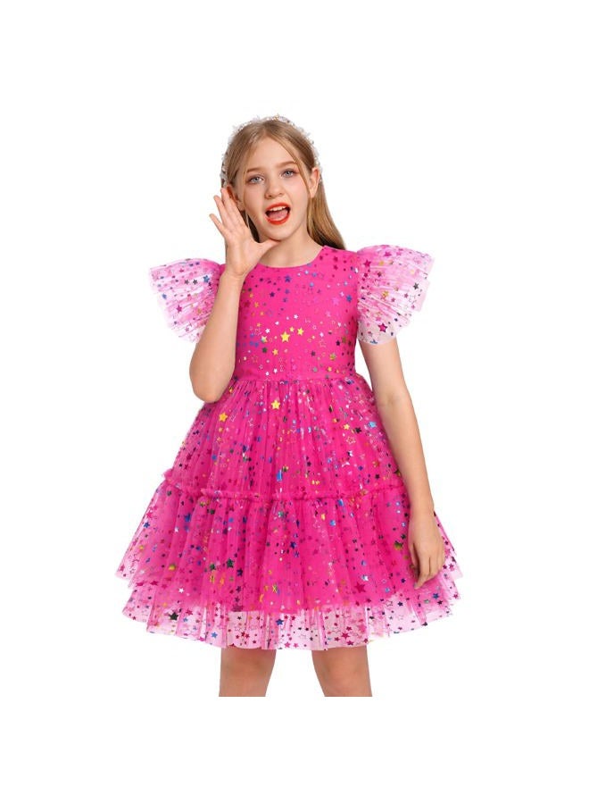 IMEKIS 9th 10th Birthday Girl Outfit: Ninth Tenth Birthday Dress for Girls Cake Smash Toddler Boho Rainbow Princess Dress Party Pageant Gown Kids Mini Tutu Skirt Photoshoot Confetti Hot Pink Stars 9-10 Years - Image 1