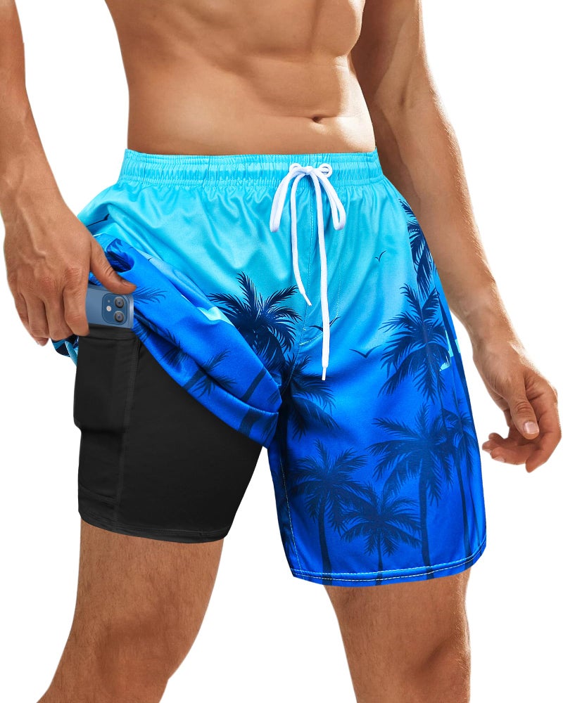 OlyPegic Men's XL Swim Trunks (Coconut Tree), Board Shorts, Quick Dry, 2 in 1 Bathing Suits with Compression Liner, Zipper Pocket, Size 7 Inch - Image 1