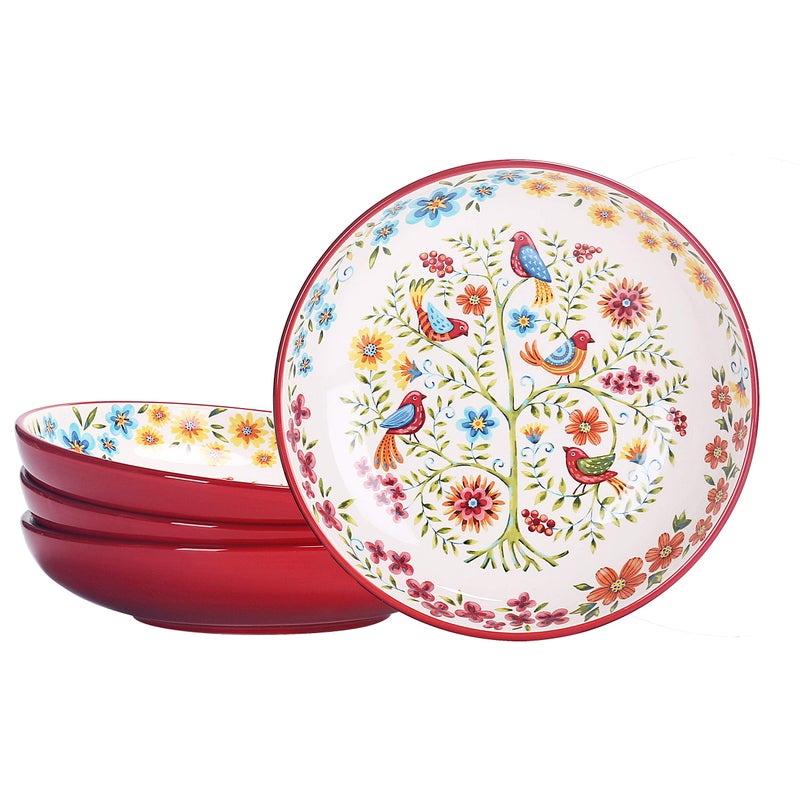 Bico Red Spring Bird Pasta Bowls 35oz Salad Bowl Set of 4 Large Ceramic Serving Dinner Bowls for Soup and Cereal Microwave and Dishwasher Safe Gift for Housewarming and Thanksgiving
