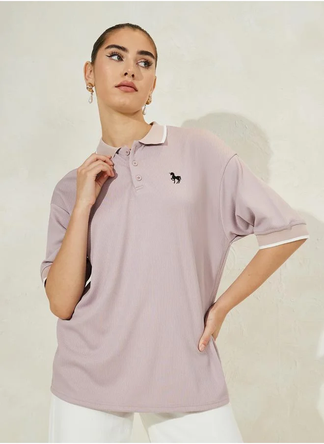 ستايلي Styli Oversized Solid Ribbed Polo T-Shirt