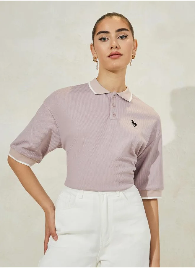ستايلي Styli Oversized Solid Ribbed Polo T-Shirt