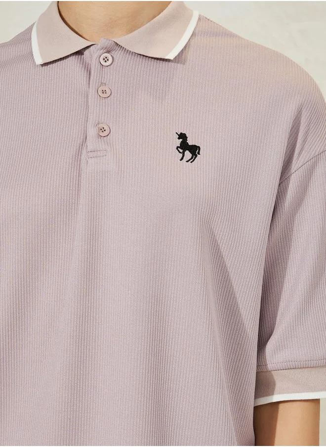 ستايلي Styli Oversized Solid Ribbed Polo T-Shirt