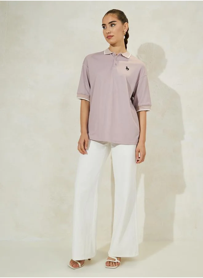 ستايلي Styli Oversized Solid Ribbed Polo T-Shirt
