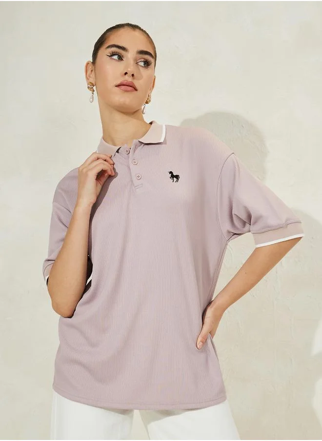 ستايلي Oversized Solid Ribbed Polo T-Shirt