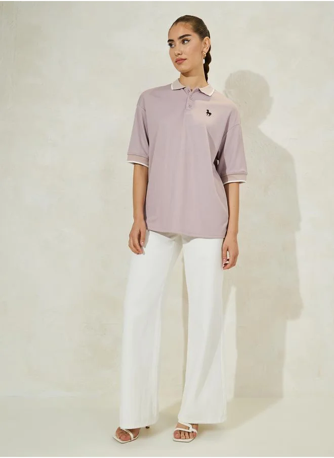 Styli Oversized Solid Ribbed Polo T-Shirt