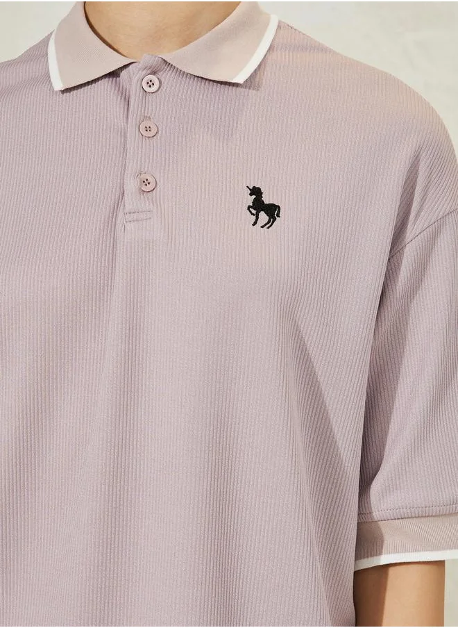 Styli Oversized Solid Ribbed Polo T-Shirt
