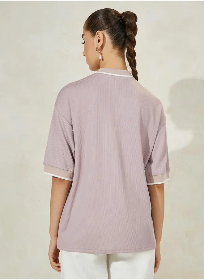 Styli Oversized Solid Ribbed Polo T-Shirt