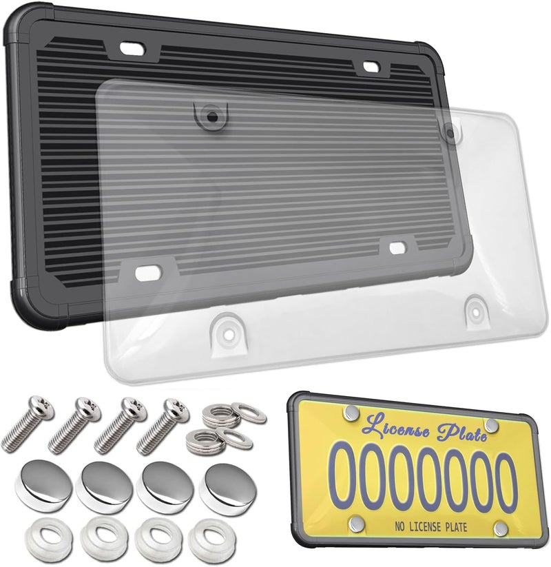 AOOTF License Plate Cover and Silicone Frame Combo- Clear Bubble Novelty Plate Protector Fit Car Tag, Unbreakable Black License Plate Frame & Cover to Protect Plates, Screws, Caps - Image 1
