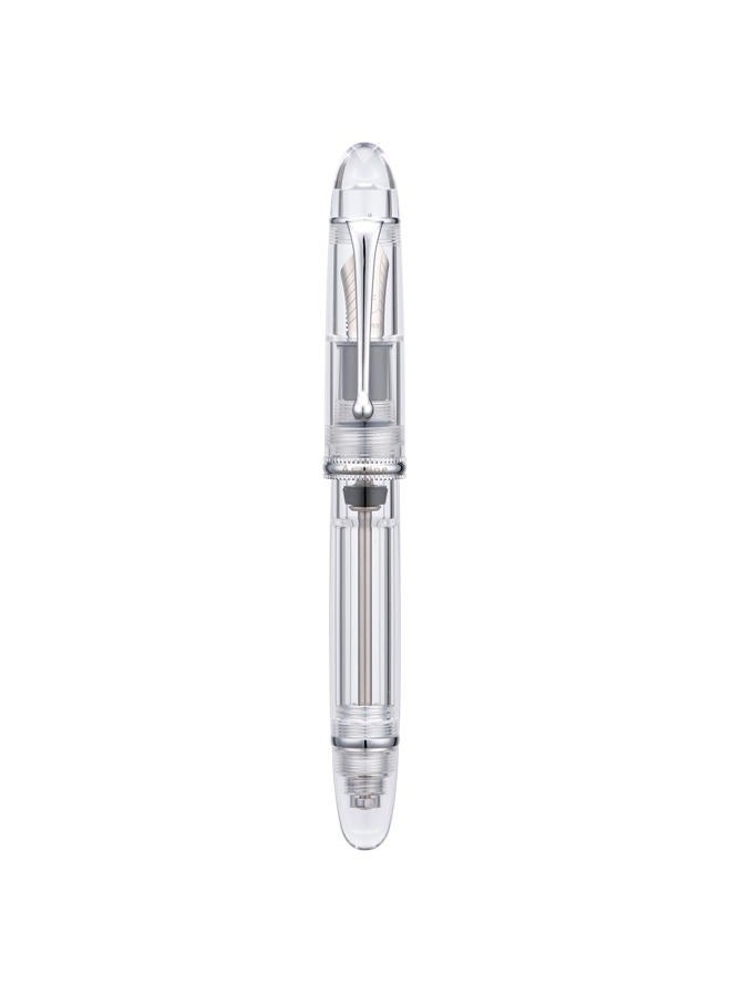 Asvine V800 Fountain Pen, Vacuum Filling System, Large Ink Capacity, Smooth No. 8 Nib, with Gift Box and Spanner, Clear Silver Acrylic - Image 1