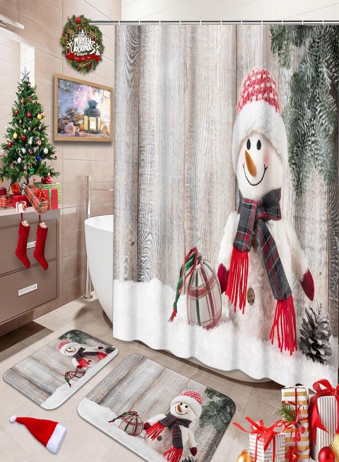 Britimes Merry Christmas Snowman Bathroom Set with Shower Curtain and Rugs and Accessories, Snowman Ball Snow Wood Bath Shower Curtain Set Bathroom Decor 3 Pcs - Image 1