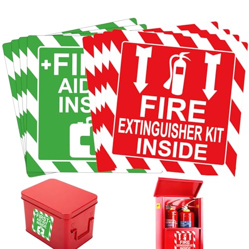 Green First Aid Kit Inside Red Fire Extinguisher Inside Stickers 4 Inch Safety SignAdhesive First Aid Kit Sign Decals UV Resistant 8 Pcs Industrial Safety Warning Decal for Trucks or Equipment