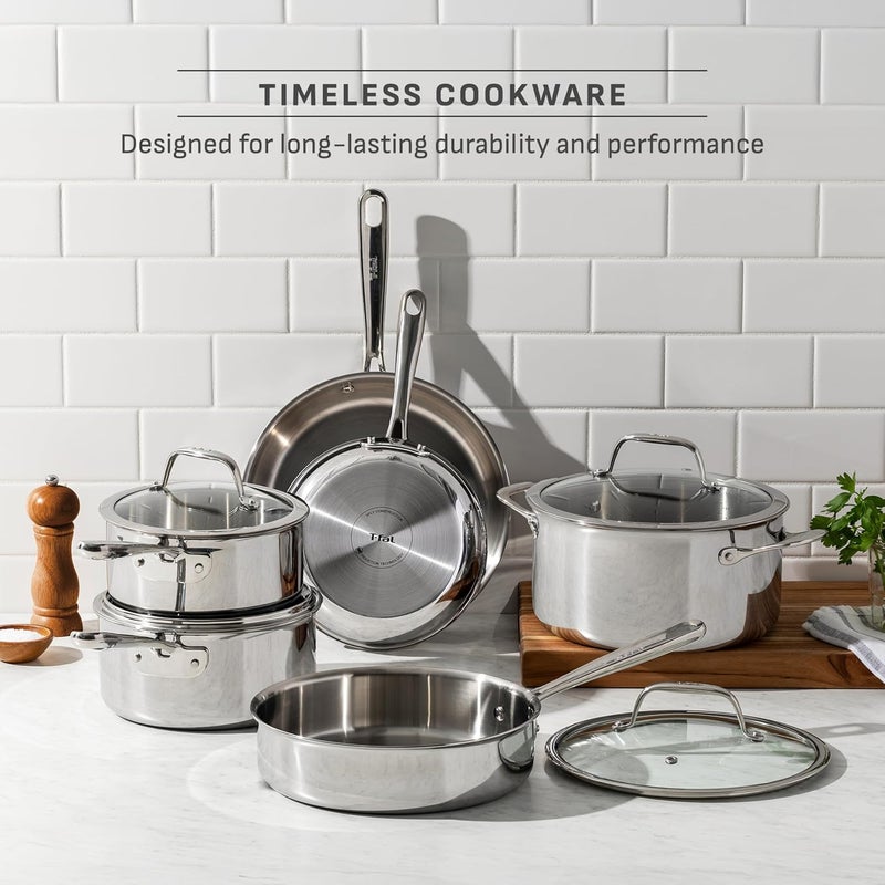 T-fal Tefal Pro Tri-Ply Stainless Steel Cookware Set 10 Piece, Induction Compatible Oven Safe 500F, Lids 350F, Fast & Even Heat, Professional Quality & Durability, Pots and Pans Set, Dishwasher Safe, Silver - Image 4