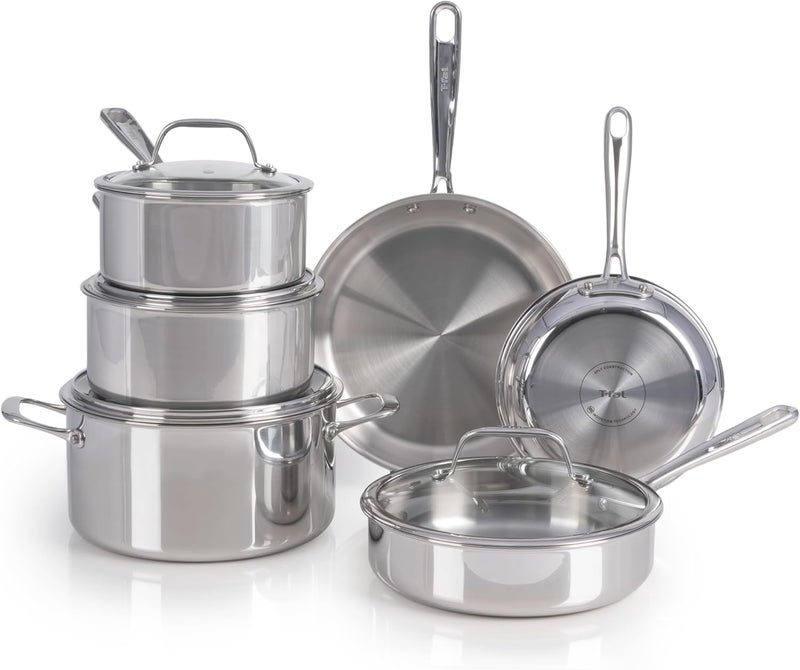 T-fal Tefal Pro Tri-Ply Stainless Steel Cookware Set 10 Piece, Induction Compatible Oven Safe 500F, Lids 350F, Fast & Even Heat, Professional Quality & Durability, Pots and Pans Set, Dishwasher Safe, Silver - Image 1