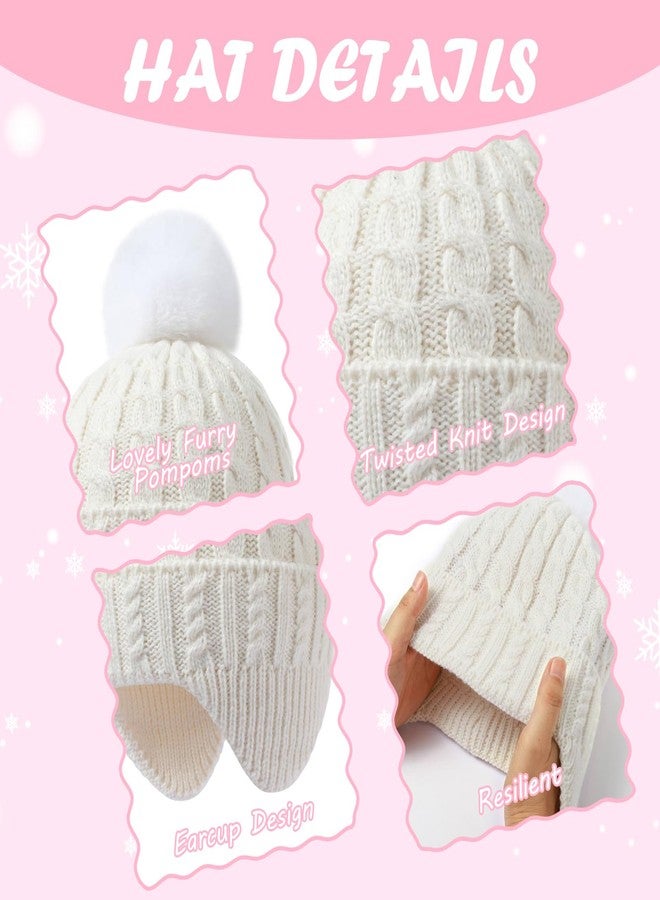 MEJORMEN Toddler Baby Winter Hat with Earflap Kids Warm Twisted Knit Beanie with Pom Pom Kids Ski Hat for Infant Girls Boys Milky White - Image 3