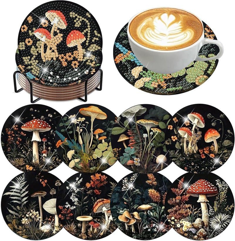 Ekuxom 8 Pcs Diamond Art Coasters Kit for Adults- Mushroom Forest Diamond Painting Coasters with Holder-DIY Crystal Full Drill Rhinestone for Crafts Gifts Adults Beginners - Image 1