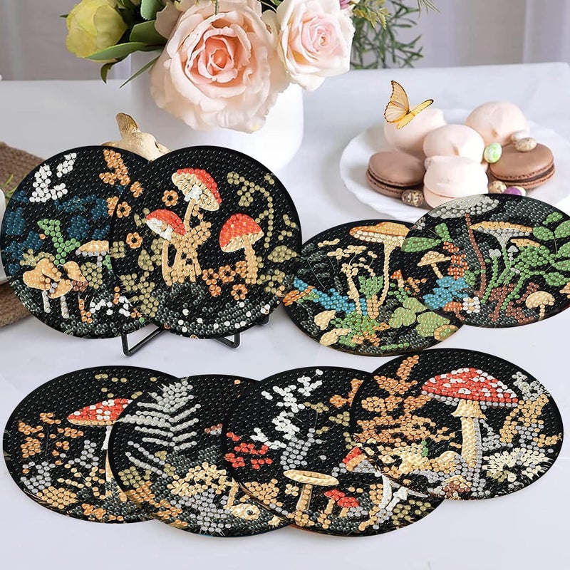 Ekuxom 8 Pcs Diamond Art Coasters Kit for Adults- Mushroom Forest Diamond Painting Coasters with Holder-DIY Crystal Full Drill Rhinestone for Crafts Gifts Adults Beginners - Image 4