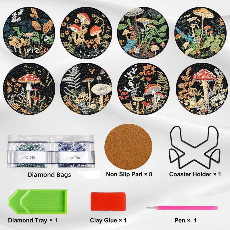 Ekuxom 8 Pcs Diamond Art Coasters Kit for Adults- Mushroom Forest Diamond Painting Coasters with Holder-DIY Crystal Full Drill Rhinestone for Crafts Gifts Adults Beginners - Image 3
