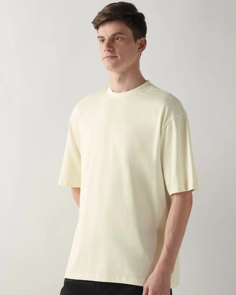 bewakoof Men's Off White Oversized T-shirt