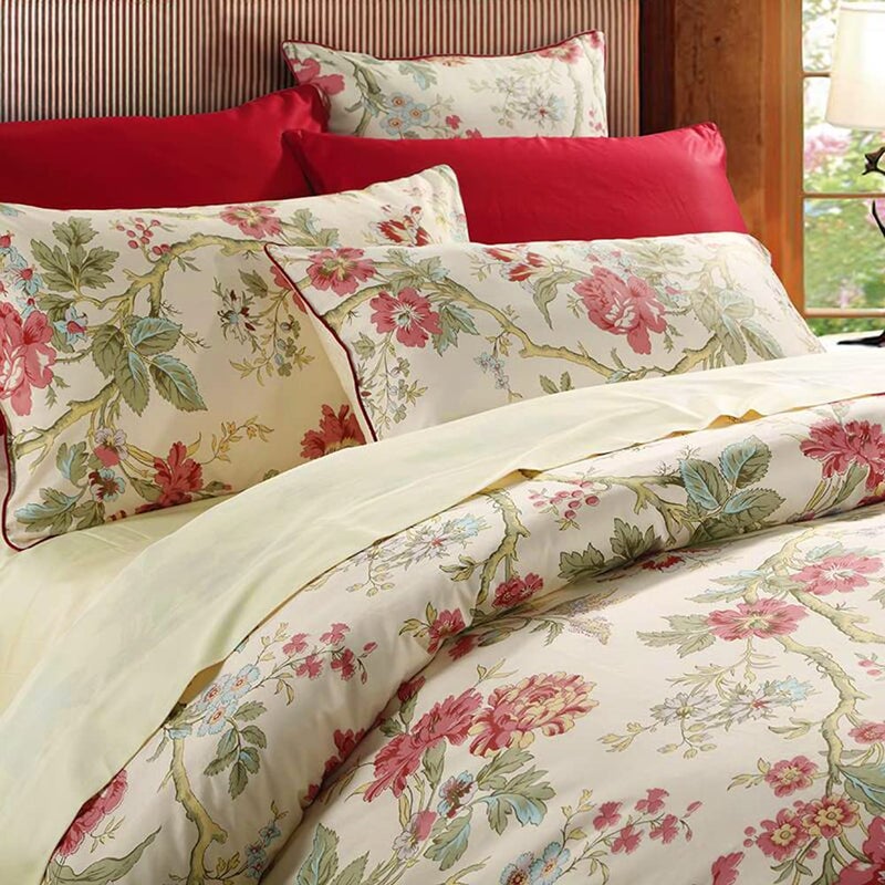mixinni Garden Style 3 Pieces Red Flower Leaf Pattern Duvet Cover Set Queen Reversible Beige Comforter Cover Set for Women and Men, Easy Care, Soft, Durable-(3pcs, King Size) - Image 3