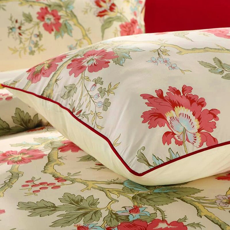 mixinni Garden Style 3 Pieces Red Flower Leaf Pattern Duvet Cover Set Queen Reversible Beige Comforter Cover Set for Women and Men, Easy Care, Soft, Durable-(3pcs, King Size) - Image 5