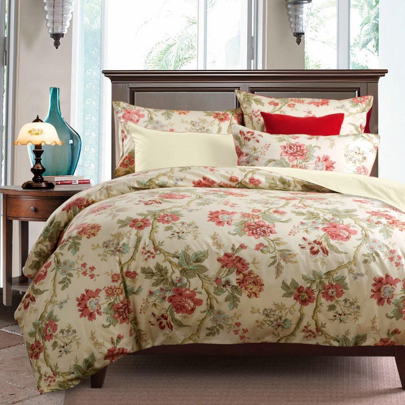 mixinni Garden Style 3 Pieces Red Flower Leaf Pattern Duvet Cover Set Queen Reversible Beige Comforter Cover Set for Women and Men, Easy Care, Soft, Durable-(3pcs, King Size) - Image 1