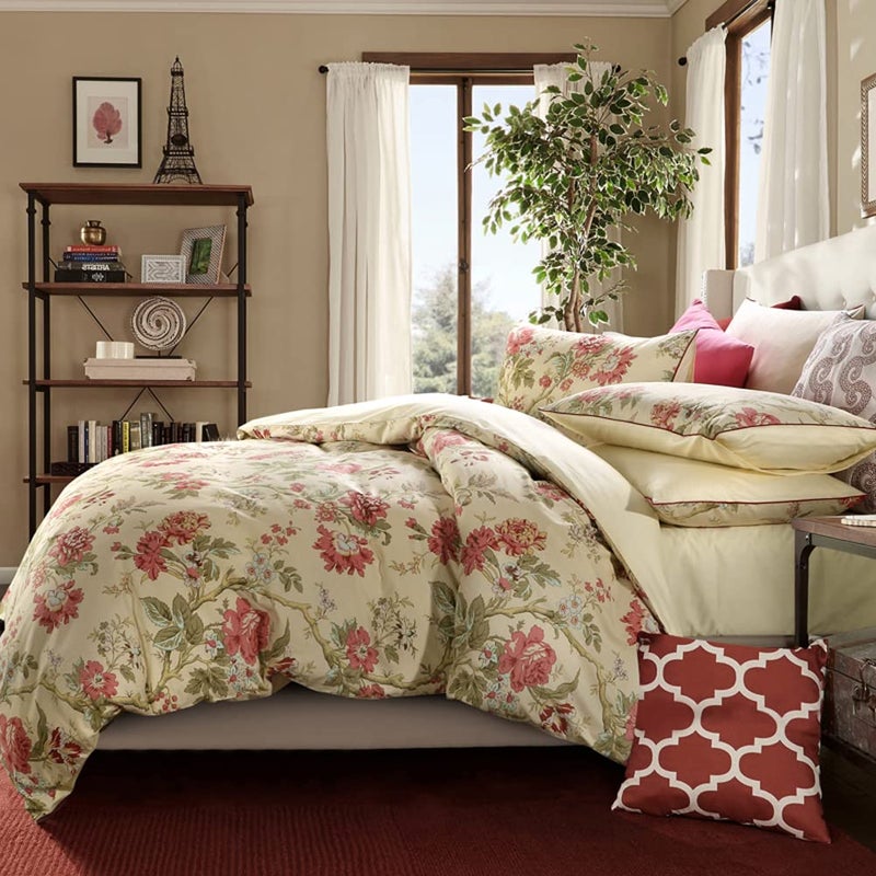 mixinni Garden Style 3 Pieces Red Flower Leaf Pattern Duvet Cover Set Queen Reversible Beige Comforter Cover Set for Women and Men, Easy Care, Soft, Durable-(3pcs, King Size) - Image 2