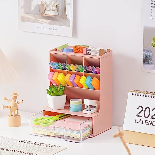 HOME CUBE Desk Organizer with Drawer Desktop Office Stationery Storage Box Desk Accessories Mobile Holder Table Organiser Study Table Desk Organizer (2020, Pink, Plastic) - Image 1