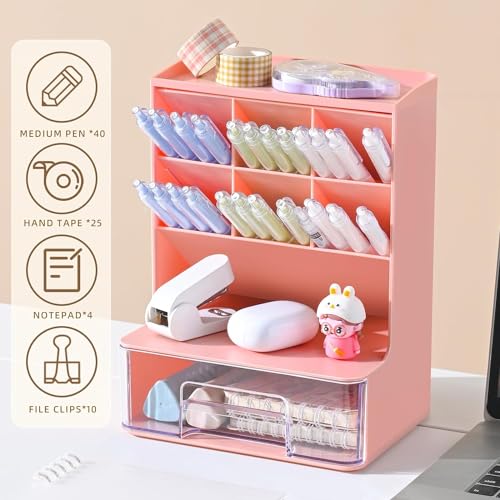 HOME CUBE Desk Organizer with Drawer Desktop Office Stationery Storage Box Desk Accessories Mobile Holder Table Organiser Study Table Desk Organizer (2020, Pink, Plastic) - Image 3