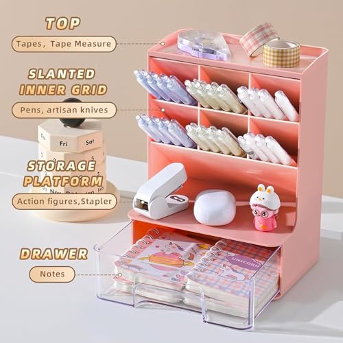 HOME CUBE Desk Organizer with Drawer Desktop Office Stationery Storage Box Desk Accessories Mobile Holder Table Organiser Study Table Desk Organizer (2020, Pink, Plastic) - Image 2