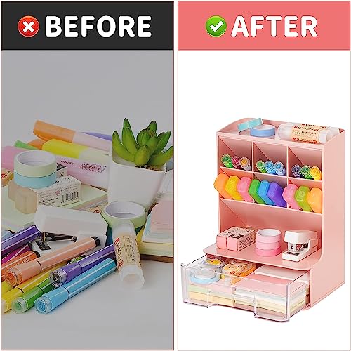 HOME CUBE Desk Organizer with Drawer Desktop Office Stationery Storage Box Desk Accessories Mobile Holder Table Organiser Study Table Desk Organizer (2020, Pink, Plastic) - Image 4