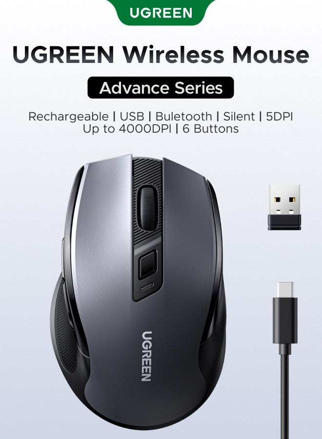 Wireless Mouse Rechargeable with Bluetooth 5.4, Bluetooth Mouse USB With Nano USB Receiver, Dual Connection, Silent Click, 5 Buttons, 70-Day Long Battery Life, 5 Adjustable DPI for Laptop & MacBook Rechargeable+USB+Bluetooth