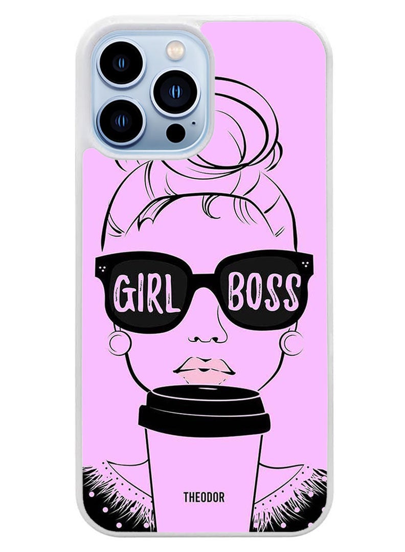 Theodor Protective Case Cover For APPLE IPHONE 14 Pro Girl Boss Pink Background (White Bumper) - Image 1