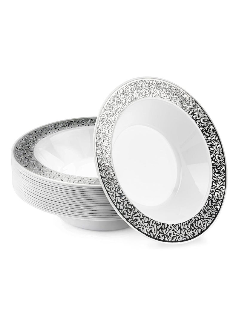 Premium Plastic Dessert Bowls Party Bowls, Multi-Use Plastic Bowls with Silver Lace Rim, Perfect for Picnic, Party Food, BBQ, Garden Party (18cm - 20 Pcs) - Image 1