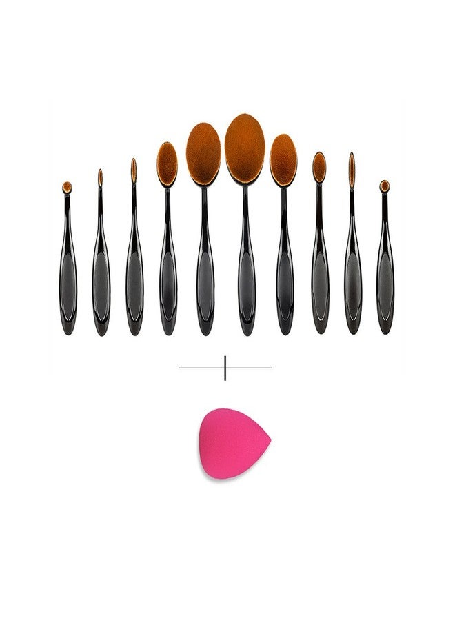 Gugzy Generic 10pcs Toothbrush Shaped Oval Powder Foundation Makeup Brushes + Sponge Blender Puff Set - Image 1