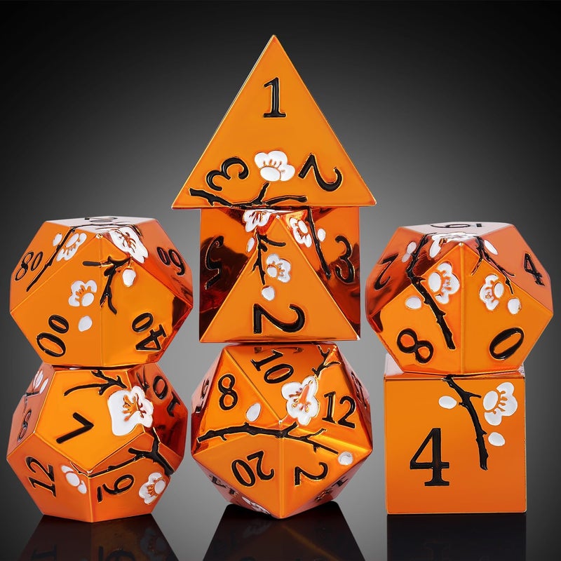 DNDND Orange Metal Dice D&D, 7 PCS Heavy Metallic DND Dice Set with Gorgeous Gift Case for Dungeons and Dragon Tabletop Game (Orange with White Flowers) - Image 3